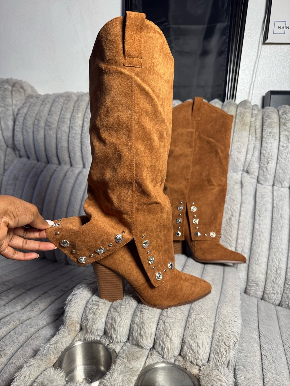 Studded Tan Suede Western Knee-High Heeled Boots - Women